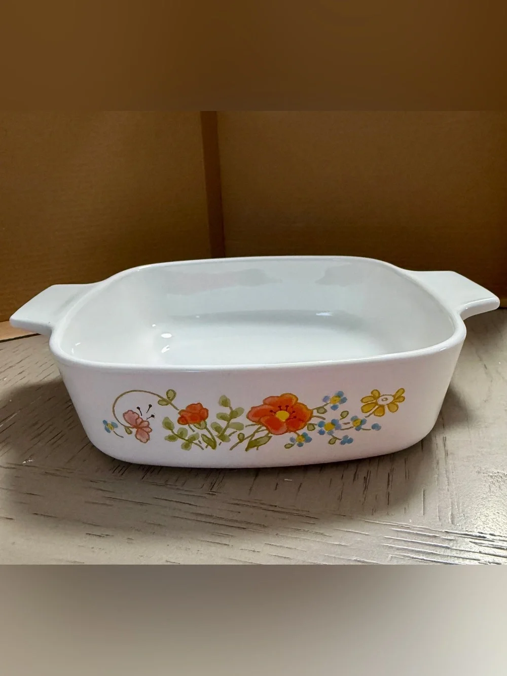 Corningware White Casserole Dish with Orange, Yellow and Green Floral Pattern